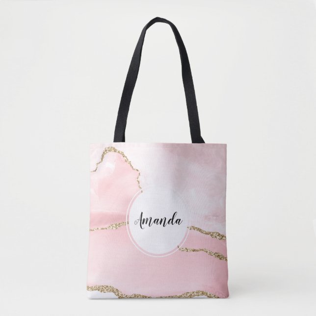 Pink Blush Agate with Gold Ribbon Elegant Tote Bag (Front)