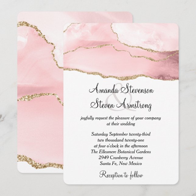 Pink Blush Agate with Gold Ribbon Elegant Wedding Invitation (Front/Back)