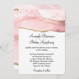 Pink Blush Agate with Gold Ribbon Elegant Wedding Invitation