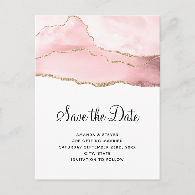 Pink Blush Agate with Gold Ribbon Elegant Wedding Invitation Postcard (Front)