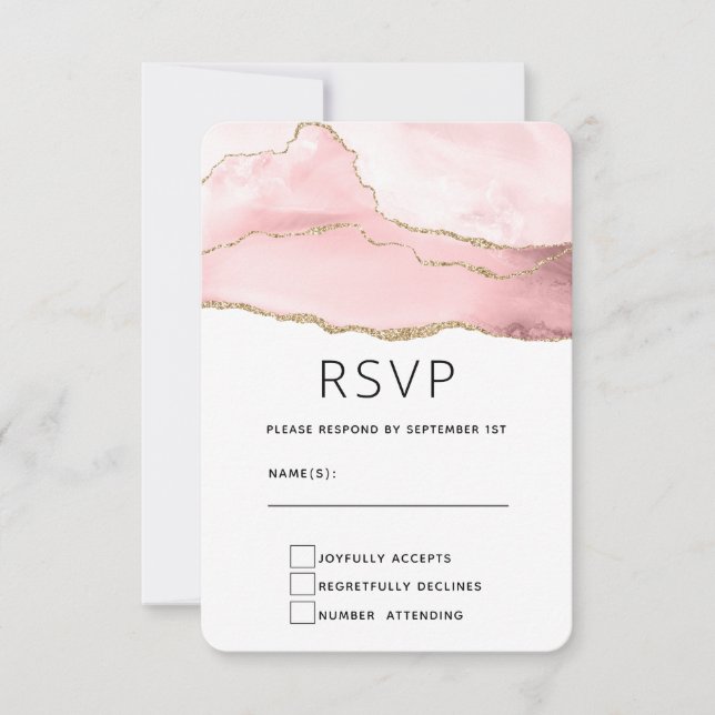 Pink Blush Agate with Gold Ribbon Elegant Wedding RSVP Card (Front)