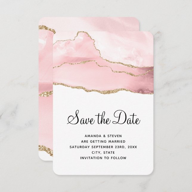 Pink Blush Agate with Gold Ribbon Elegant Wedding Save The Date (Front/Back)