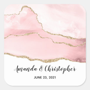 Pink Blush Agate with Gold Ribbon Elegant Wedding Square Sticker
