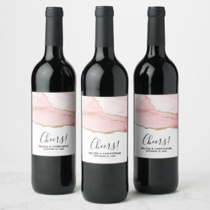Pink Blush Agate with Gold Ribbon Elegant Wedding Wine Label