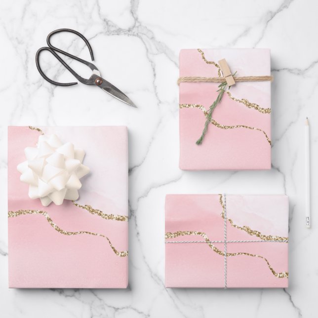 Pink Blush Agate with Gold Ribbon Elegant Wrapping Paper Sheet (Front)