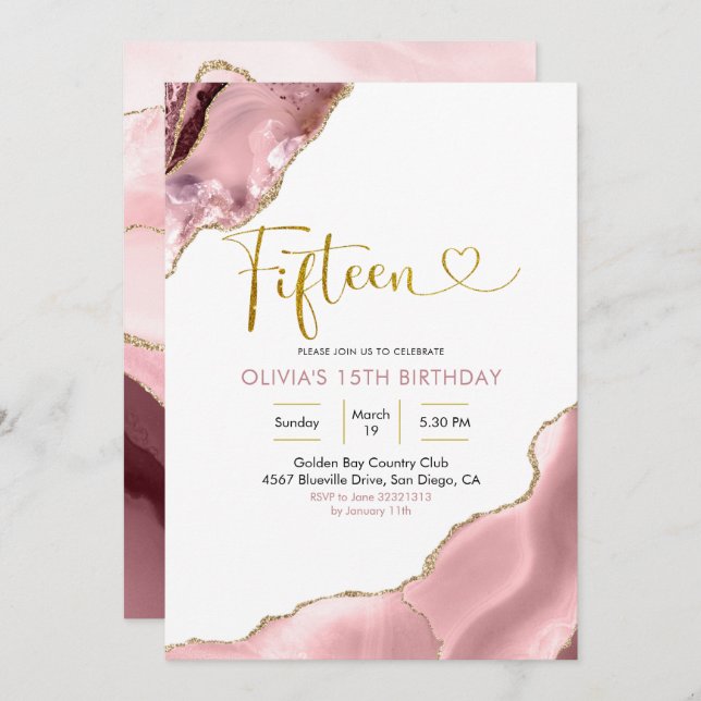 Pink Blush and Gold Agate Fifteen Birthday Invitation (Front/Back)