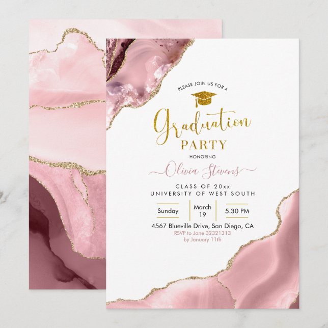 Pink Blush and Gold Agate Graduation Party Invitation (Front/Back)