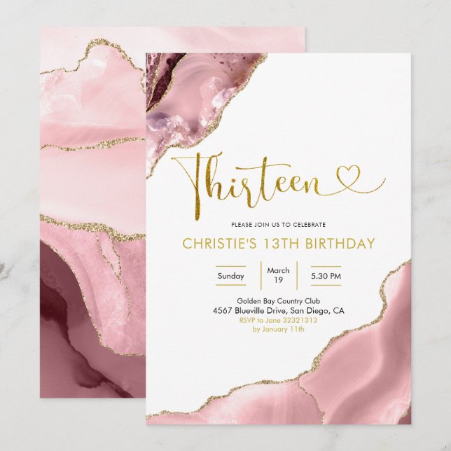 Pink Blush and Gold Agate Thirteen Birthday Invita Invitation (Front/Back)