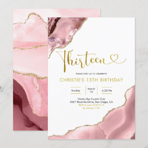 Pink Blush and Gold Agate Thirteen Birthday Invita Invitation