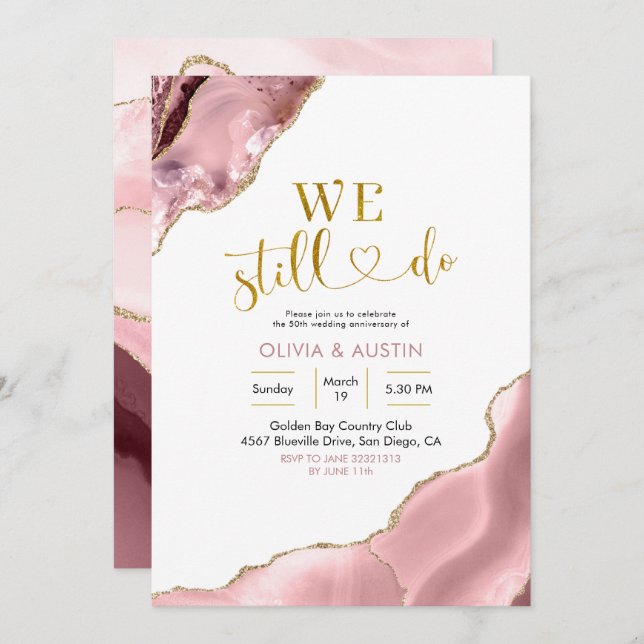 Pink Blush and Gold Agate Wedding Anniversary Invitation (Front/Back)