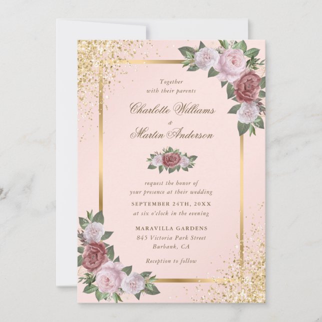 Pink Blush and Gold Confetti Floral Wedding Invitation (Front)