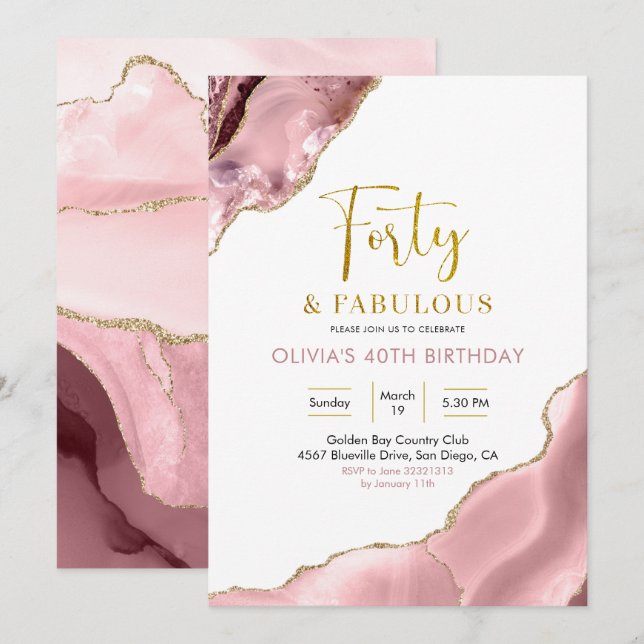 Pink Blush and Gold Forty and Fabulous Invitation (Front/Back)