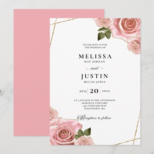 Pink Blush and Gold Rose Glitter Wedding Invitation (Front/Back)