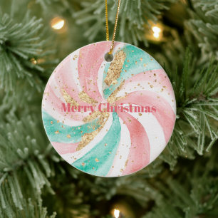 Pink Blush Aqua Mint Swirls Christmas Bells Ceramic Tree Decoration