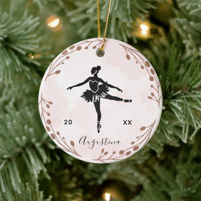 Pink Blush Ballerina Silhouette Name & Year Cute Ceramic Tree Decoration (Tree)