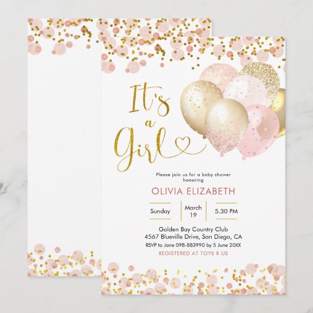 Pink Blush Balloon It's a Girl Baby Shower Invitation (Front/Back)