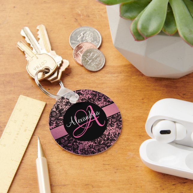  Pink Blush Black Moody Floral Monogram Key Ring (Desk)