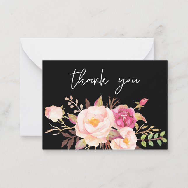Pink Blush Bloom Floral -All Black Small Thank You Card (Front)