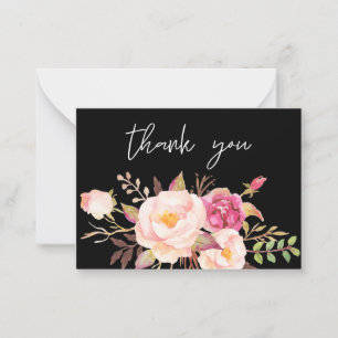 Pink Blush Bloom Floral -All Black Small Thank You Card