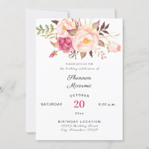 Pink Blush Blooming Floral Birthday White Invitation