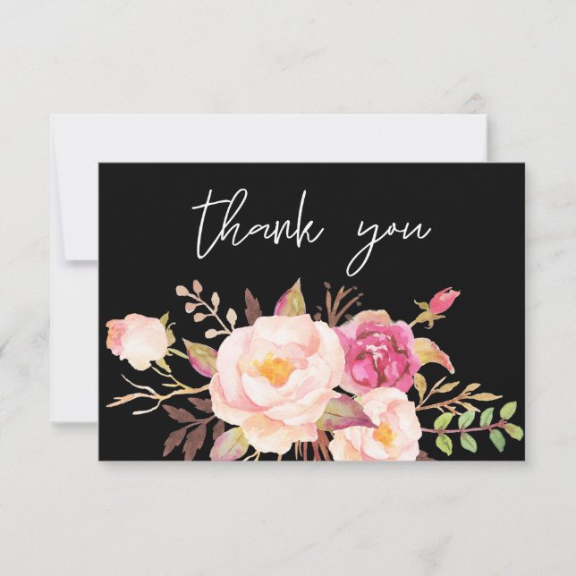 Pink Blush Blooming Floral - Black / White Thank You Card (Front)