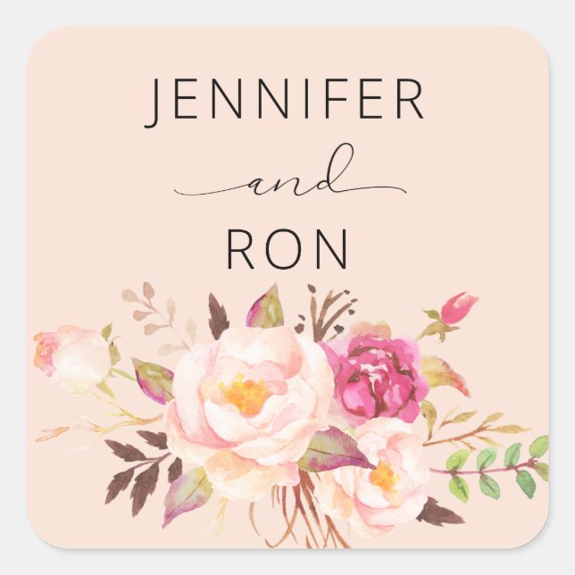 Pink Blush Blooming Floral Name - Pink 2 Square Sticker (Front)
