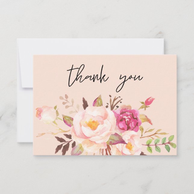 Pink Blush Blooming Floral - Pink Thank You Card (Front)