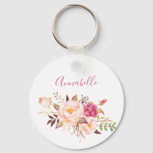 Pink Blush Blooming Floral - White Key Ring