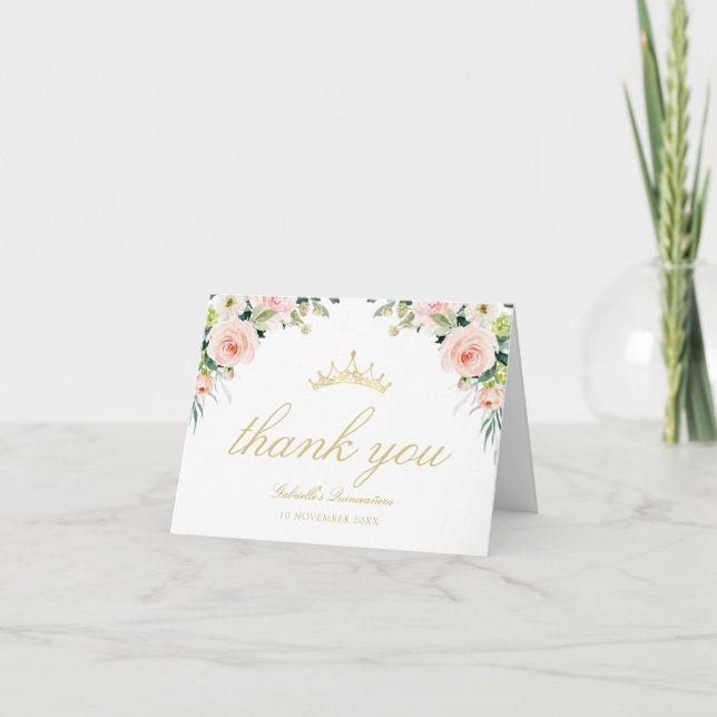 pink blush blooms quinceanera thank you card (Front)