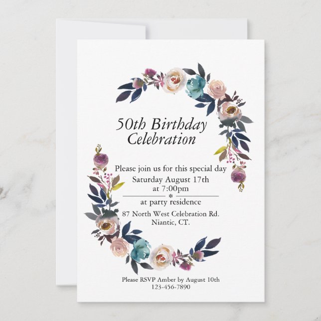 Pink Blush Blue Boho Customisable 50th Birthday Invitation (Front)