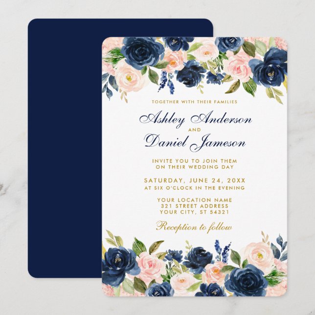Pink Blush Blue Floral Elegant Gold Wedding R Invitation (Front/Back)