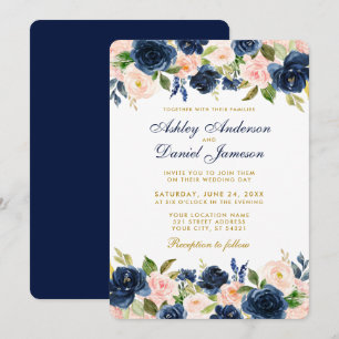 Pink Blush Blue Floral Elegant Gold Wedding R Invitation