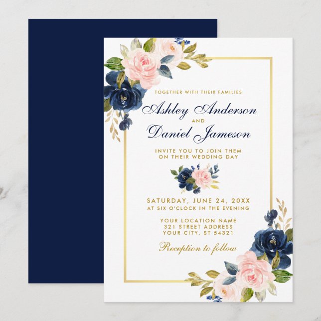 Pink Blush Blue Floral Elegant Wedding Gold Frame Invitation (Front/Back)