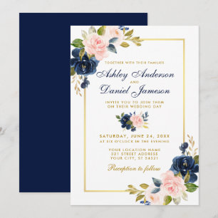 Pink Blush Blue Floral Elegant Wedding Gold Frame Invitation