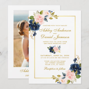 Pink Blush Blue Floral Gold Photo Wedding Invitation