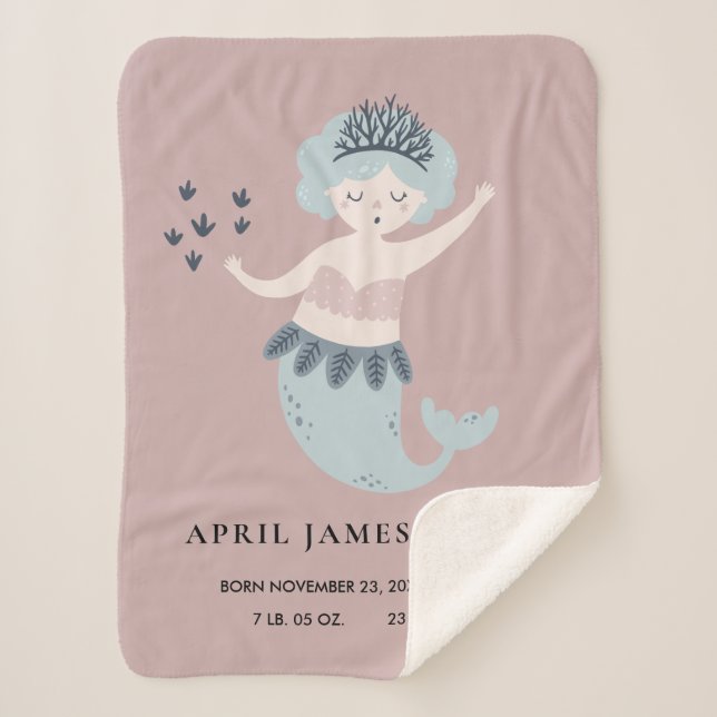 PINK BLUSH BLUE LITTLE MERMAID BABY BIRTH STATS SHERPA BLANKET (Front)