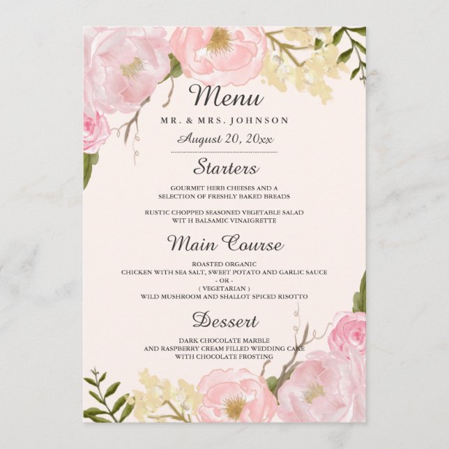 Pink Blush Botanical Floral Wedding Dinner Menu (Front)
