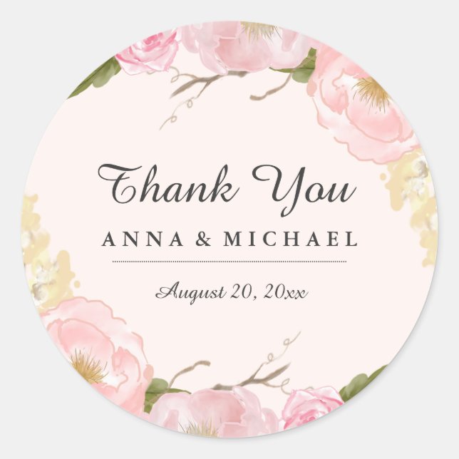 Pink Blush Botanical Floral Wedding Stickers (Front)