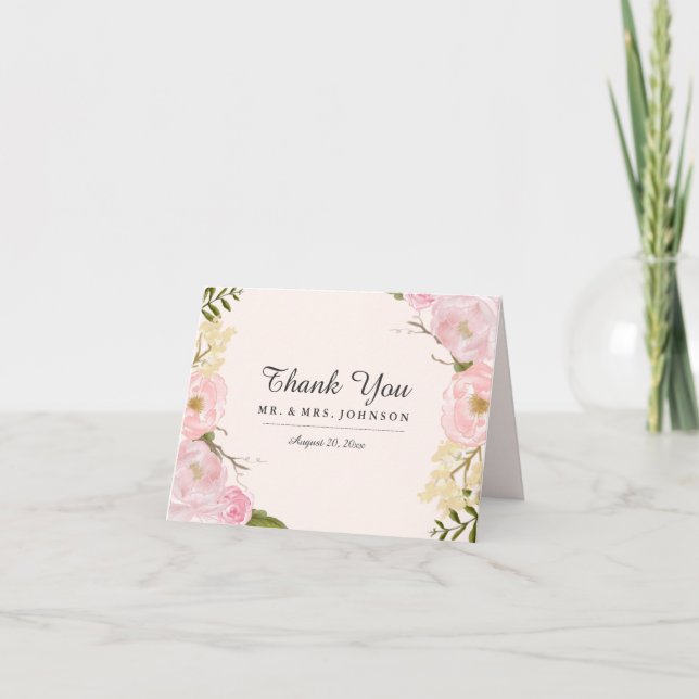 Pink Blush Botanical Floral Wedding Thank You Card (Front)