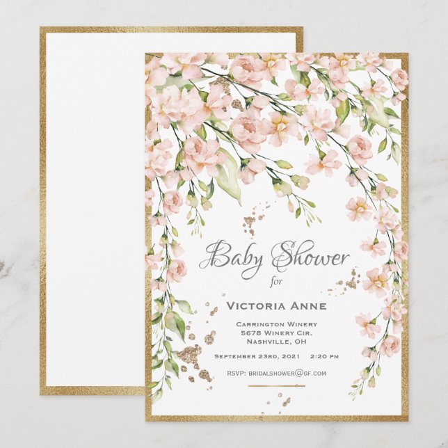 Pink Blush Botanical Watercolor Baby Shower Invitation (Front/Back)