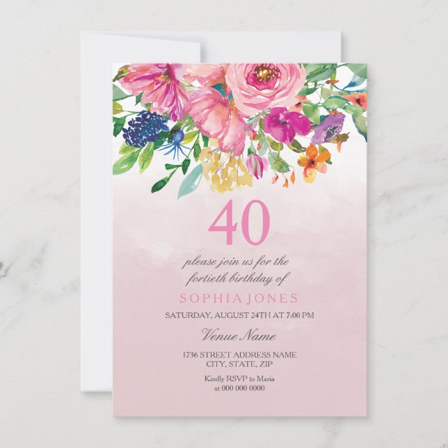 Pink Blush Botantical Watercolor 40th Birthday Invitation (Front)
