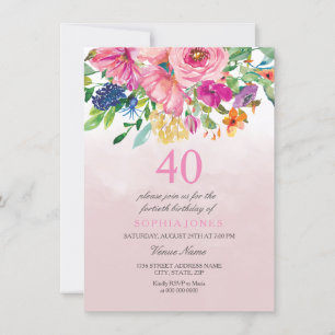 Pink Blush Botantical Watercolor 40th Birthday Invitation