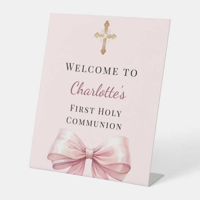 Pink blush bow First Holy Communion welcome Pedestal Sign (Front)