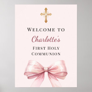 Pink blush bow First Holy Communion welcome Poster