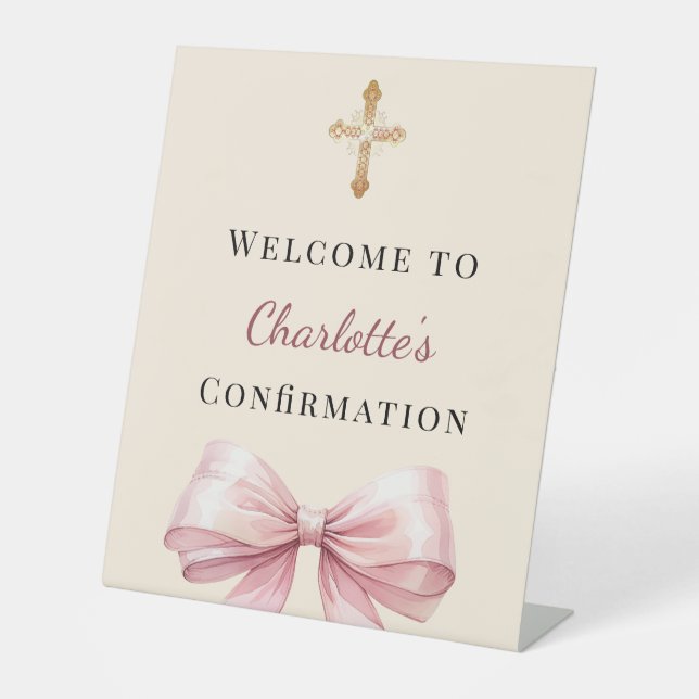 Pink blush bow ivory Confirmation welcome Pedestal Sign (Front)