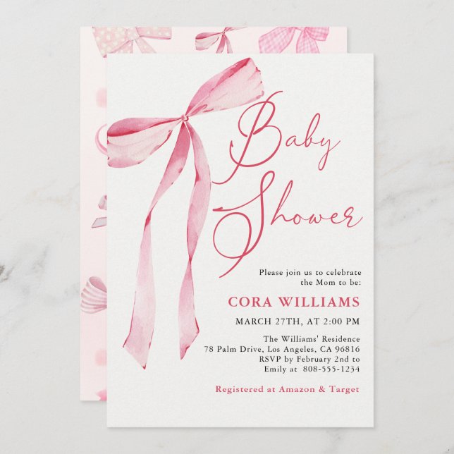 Pink Blush & Bows Baby Shower  Invitation (Front/Back)