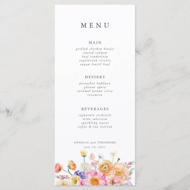 Pink Blush Bright Botanical Modern Elegant Wedding Menu (Front)