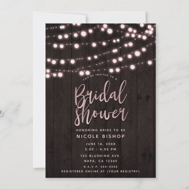 Pink Blush Brown Rustic Wood Lights Bridal Shower Invitation (Front)