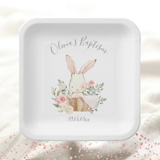 Pink Blush Bunny Rabbit Girl Baby Baptism Paper Plate (Creator Uploaded)