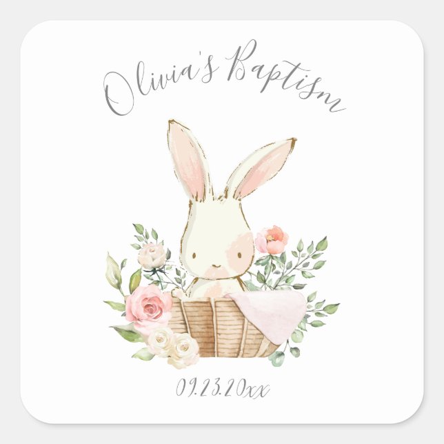 Pink Blush Bunny Rabbit Girl Baby Baptism Square Sticker (Front)